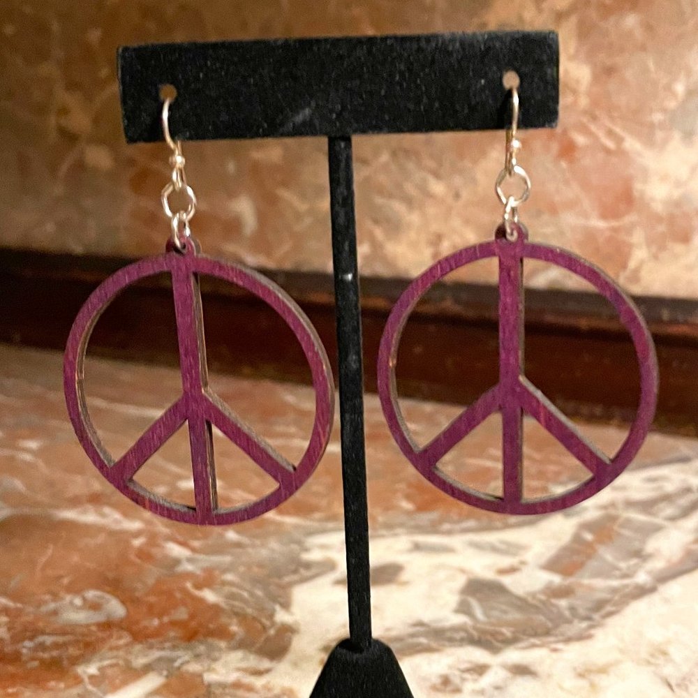 HIPPIE Purple Wooden Peace Sign Dangle Earrings